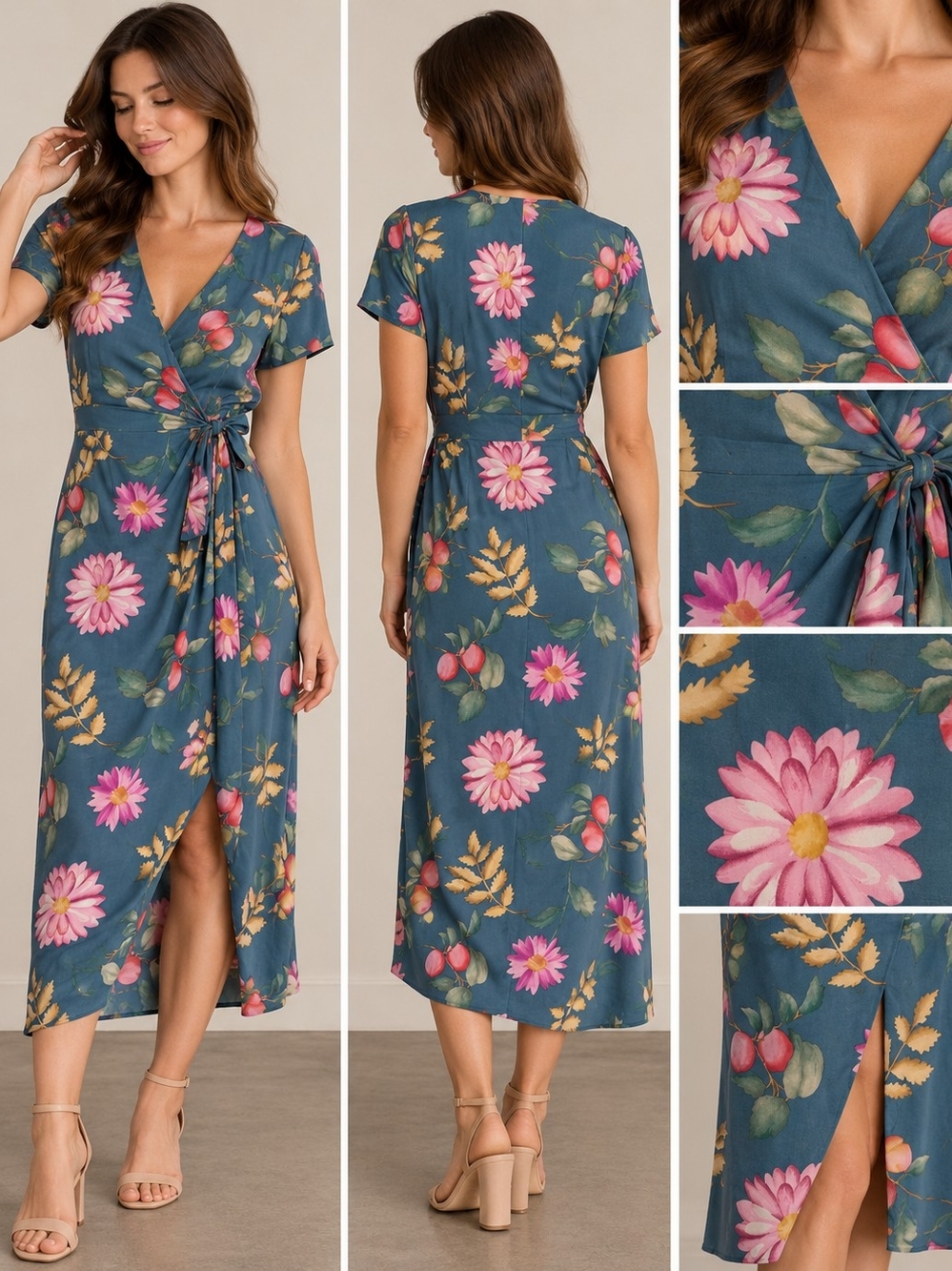 Vintage Safe Silk Adrianna Papell Floral Wrap Midi Dress Small 4 6